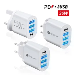 EU US UK 36W PD 3USB port Charger Type C QC 3.0 LED light Mobile Phone Travel USB wall Charger Adapter for iphone 13 8 6