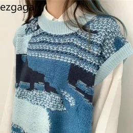 Ezgaga Sea and Sky Graffiti Sweater Vest Women Japanese Style Patchwork O-Neck Loose Waistcoat Winter Sleeveless Y2k Tops Female 210430
