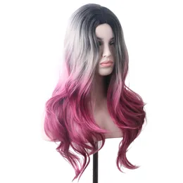 Woodfestival Wavy Wig Grey Ombre Pink Synthetic Long髪色の女性黒のための色のコスプレウィッグ