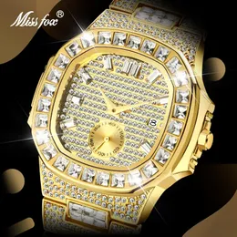 Wristwatches MISSFOX Gold Watch Men Top Brand Pp Fashion Classic Diamond Iced Out Square Watches Double Dial Waterproof Clock Drop