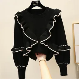 Höst Vinter Kvinnors Topp Koreansk stil Ruffle Stitching Pullover Tröja Lantern Sleeve Stickade Bottom Topps LL283 210506