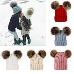 Children Baby Knitted Hats Winter Knit Solid Crochet cap Warm Soft Pom Poms Beanies Double Hairball Hat Outdoor Slouchy Caps DB206