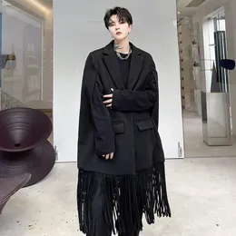 メンズウールブレンド男性タッセルノースリーブウールロングスーツトレンチコートアウターウェアビンテージファッション韓国のストリートウェアクロークジャケット男Coa