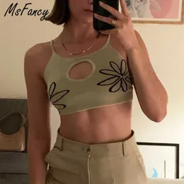 Msfancy Summer Y2K Knit Crop Tops Women Vintage Hollow Out Sexy Tanks Camis Mujer Floral Femme Haut 210604