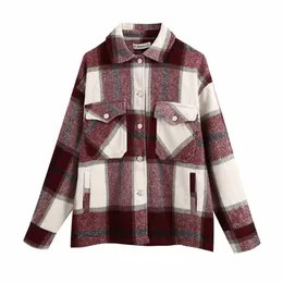 Mode Kvinnors Vintage Stiliga Fickor Oversierad Plaid Jacka Coat Ladies Lapel Collar Långärmad Loose Ytterwear Chic Toppar 211029