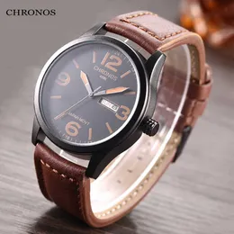 Chronos Herren KlassischeクォーズUHREN KOMPLETTEカレンダーWasserDichte Nahen Leder Schnalle Guter Mannlichen Armbanduhren Ch15 G1022