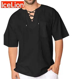 Icelion Sommar T-shirt Män Mask Stitching Tee Shirt Short Sleeve Solid Lacing Collart-tröjor Camisas Para Hombre 210629