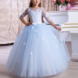 Yeni Mavi Küçük Kızın Pageant Boncuklu Çırpma Organza Balo Gown Zemin Uzunluğu Çiçek Kız Quinceanera Elbiseler 403