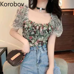 Korobov Vintage Baskı Eleagnt Kare Yaka Kadın Bluzlar Yeni Moda Mesh Patchwork Puf Kollu Gömlek Blusa Feminina 210430