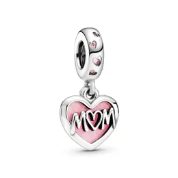 925 Sterling Silver Beads Mum Mom Script Heart Dangle Charm Fit Original Bransoletka Biżuteria Prezent