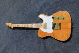 Natural wood Electric Guitar with White Pearl Pickguard,Gold Hardware,Flame maple veneer,Provide customized services