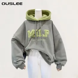 OUSLEE Fashion Patchwork Oversize Sweatshirt Women Winter Casual Loose Cotton Thick Letter Long Sleeve Hoodies Female Streetwear 210803