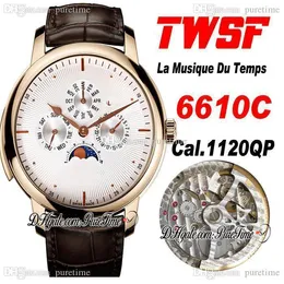 TWSF Patrimony Perpetual Calendar 6610c A1120 Automatiska Mens Watch La Musique du Temps Rose Gold Silver Texture Ring Brown Leather Super Edition Klockor Puretime D4