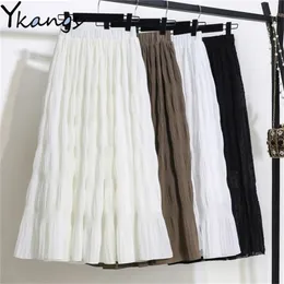 Artı Boyutu Siyah Uzun Etek Kadın Streç Yüksek Bel Katı Şifon A-Line Rahat Pileli midi Faldas Saias Streetwear 210421