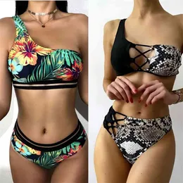 Tyakkve One Shoulder Sexig Baddräkt Kvinnor Bikini Micro High Ben Swimming Suit för Bathing Swimwear Bikinis Set 210621