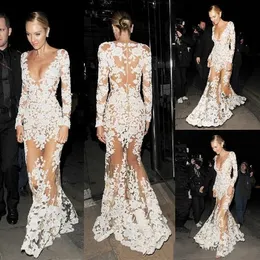 Zuhair Murad Mermaid Sukienka aplikacje Sheer Głębokie V Neck z długim rękawem Illusion Sexy Red Carpet Suknia Suknie wieczorowe