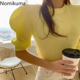 Nomikuma Knitted Sweet Puff Short Sleeve Tops Korean O-neck Slim Knitwear Fashion Solid Womens Pullover Sweaters 6B230 211014
