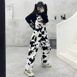 Houzhou hippie cow print jumpsuits hajuku ko mönstrade byxor koreanska stil overalls casual baggy wide ben byxor våren 211006