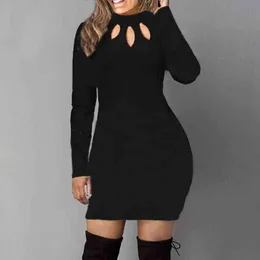 Bodycon Sukienka Kobiety Z Długim Rękawem Solid Color Suknie Wiosna Jesień Sexy Hollow Out Round Neck Black Mini Dress Cotton S M L 5XL G1214