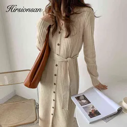 Hirsionsan 2021 novo outono inverno mulheres longas camisola vestidos rendas até decote em v botão coreano elegante vintage senhoras vestidos de malha y1204