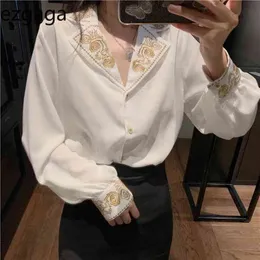 Ezgaga Embroidery Floral Blouse Women Spring Notched Long Sleeve Loose All-Match Tender Female Elegant Shirts Korean Fashion 210430