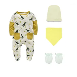 Footies Honeyzone 4pcs/Set Born Baby Boy Clothes Set Recien Nacido Pyjama Romper Bibs Hat Gloves Vetement Garcon Cotton