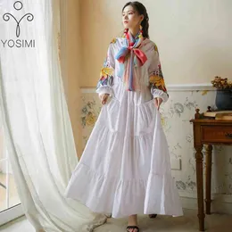 Yosimi blanco largo vestido de mujer otoño vintage con cuello en v manga Phoenix bordado tobillo-longitud suelta marina es 210604