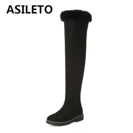 Stiefel ASILETO Schnee Botas de Mujer 2021 Über Knie Frau Runde Zehe Flache Reißverschluss Flock Frosted Große Größe 33-43 Solide Winter Plüsch S2692