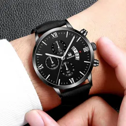 Wristwatches SHAARMS Men Watch Leather Band Black Clock