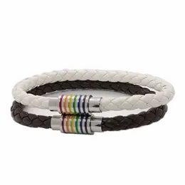 Mode Svart Brown Äkta Läder Flätat Armband För Gay Lesbisk Pride Med Rostfritt Stål Tillbehör Man Rainbow Jewlery