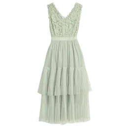 Light Green Tank Sleeveless V Neck Empire Lace Mesh A-line Cascading Ruffle Cake Long Dress Summer D1507 210514