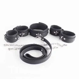 NXY Sex Adult Toy Sodandy Bondage Suit Wrist Cuffs Ankle and Slave Collar Handcuffs Shackles Leather Fetish with Metal Chain Toys1216