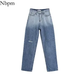 Nbpm Women Retro Fashion Blue Gradient Hole Ripped Woman Jeans High Waist Wide Leg Pants Cool Girl Retro Street Style 210529