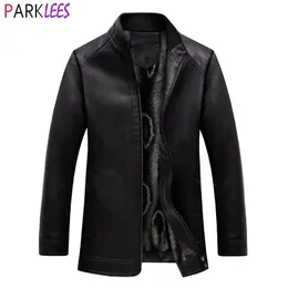 Men's Winter Warm PU Leather Coat Stand Collar Fleece Lined Motorcycle Jacket Men Zipper Slim Fit Formal Casual Chaquetas Hombre 210522