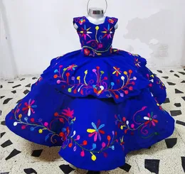 Mexican Embroidered Flower Girl Dresses For Wedding Kids Royal Blue Satin Baby Wedding Guest Dress