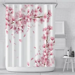 Zasłona Drapuje różowy prysznic kwiat kwiaty brzoskwiniowe białe tło dziewczyna łazienka wodoodporny ekran poliestrowy