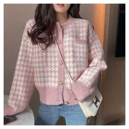 Koreanska Houndstooth Short Sweater Cardigan Jacket Kvinnor Elegant Imitation Mink Fleece Knitwear Toppar Vintage O-Hals Stickade Coats 211218