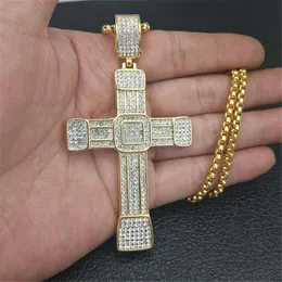 Kolye Kolyeleri Erkek Kolye Paslanmaz çelik zincir ve buzlu bling rhinestones hip hop Christian Jewelry ile büyük haç