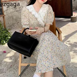 EZGAGA Vintage Kısa Kollu Çiçek Elbise Kadınlar Dantel Patchwork Yaz Yeni Zarif Kore Moda Chic Ince Elbiseler Vestidos 210430