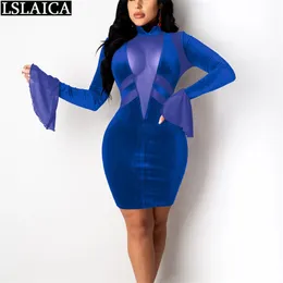 Vestidos de cor sólida Moda manga longa malha patchwork para mulheres venda skinny sexy club mini kleider damen 210515