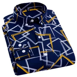 AOLIWEN brand men spring autumn navy blue yellow and white printed shirt casual anti wrinkle comfortable long sleeve slim shirts 210809