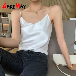 Satynowy Biały Tank Top Kobiety Kamizelka Bez Rękawów Lato Halter Spaghetti Pasek Kobieta Elegancka V Neck Podstawowa Jedwabna Kamisol 210428