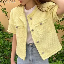 Korejpaa Women Jackets Summer Korean Chic French Temperament Raw Edges Embellished Single-Breasted Short-Sleeved Tweed Coat 211014