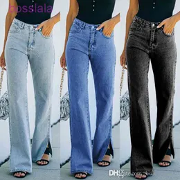 Jeans das mulheres do outono Novo lavado Lavado Red Split Vermelho Selecionado Cintura Temperamento Calças Casuais Calças Com Bolso