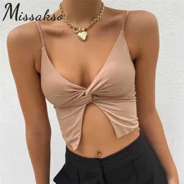 Missakso Yaz V Boyun Bandaj Kırpma Üst Streetwear Plaj Kadınlar Beyaz Y2K Seksi Gündelik Backless Tank Tops 210625