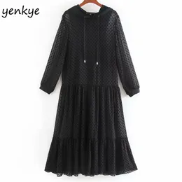 Vintage preto tule vestido mulheres sexy semi-sheer manga longa plissada casual plus size robe longue ccwm9550 210514