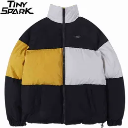 2021 Мужчины хип-хоп Parka куртка цветной блок пэчворк мягкая куртка пальто зимняя уличная одежда Harajuku хлопковая куртка