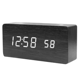 US stock LED Wooden Digital Alarm Clock With USB Charging Ports Black a44