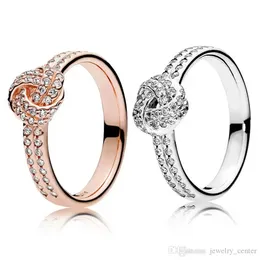 Designer Jewelry 925 Silver Wedding Ring Bead fit Pandora 18K Rose gold Sparkling love Knot Ring Cubic Zirconia Diamonds European Style Rings Birthday Ladies Gift