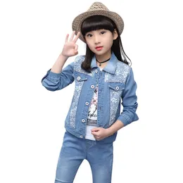 Kids Clothes Hole Denim Jacket + Jeans T-shirt 3Pcs Girls Clothing Lace Patchwork Suits Autumn Novelty Suit For 210528